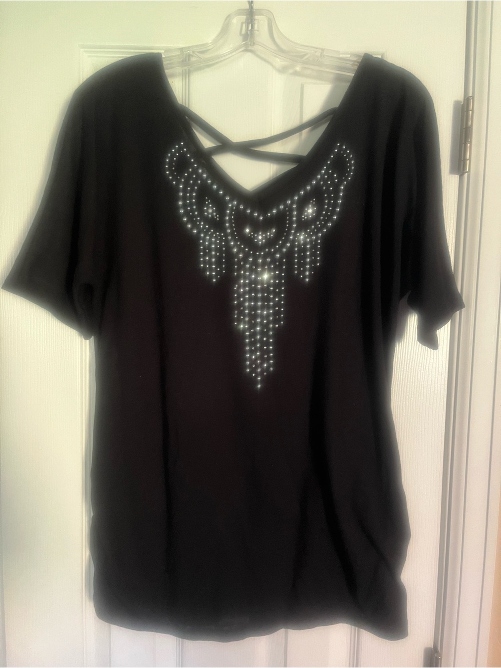Black Short Sleeve Tee with Rhinestone Front and Crisscross Back
